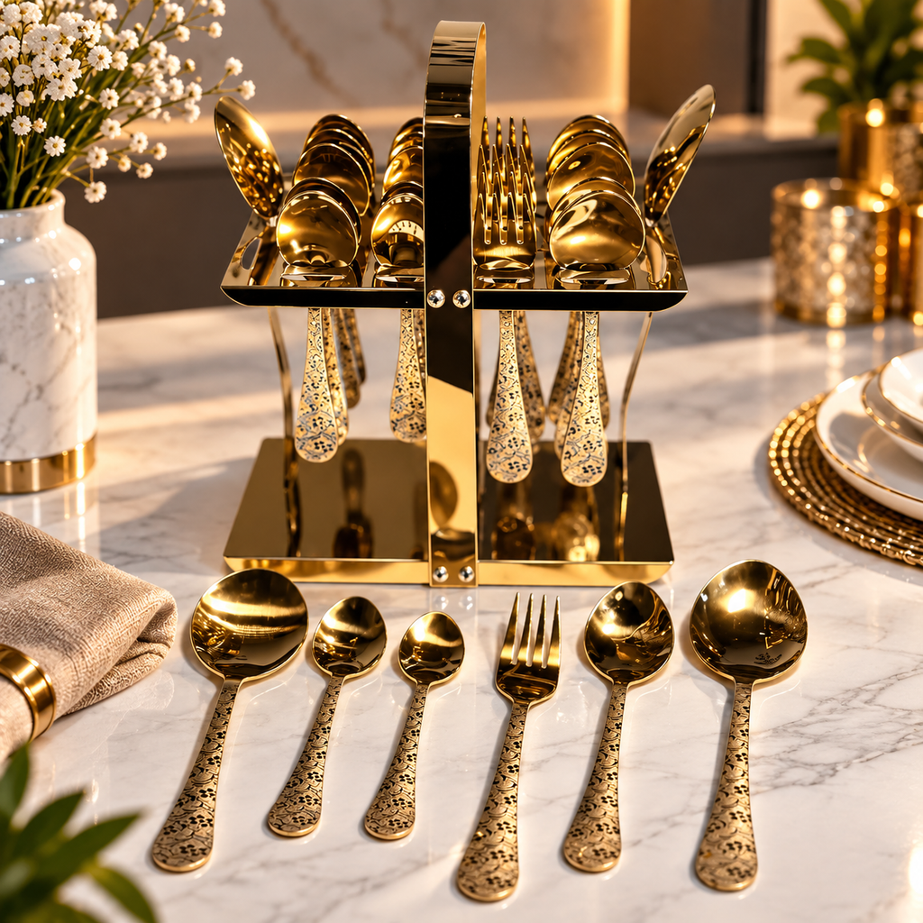 Luxury Gold Cutlery Set with Stand | 99 Store
