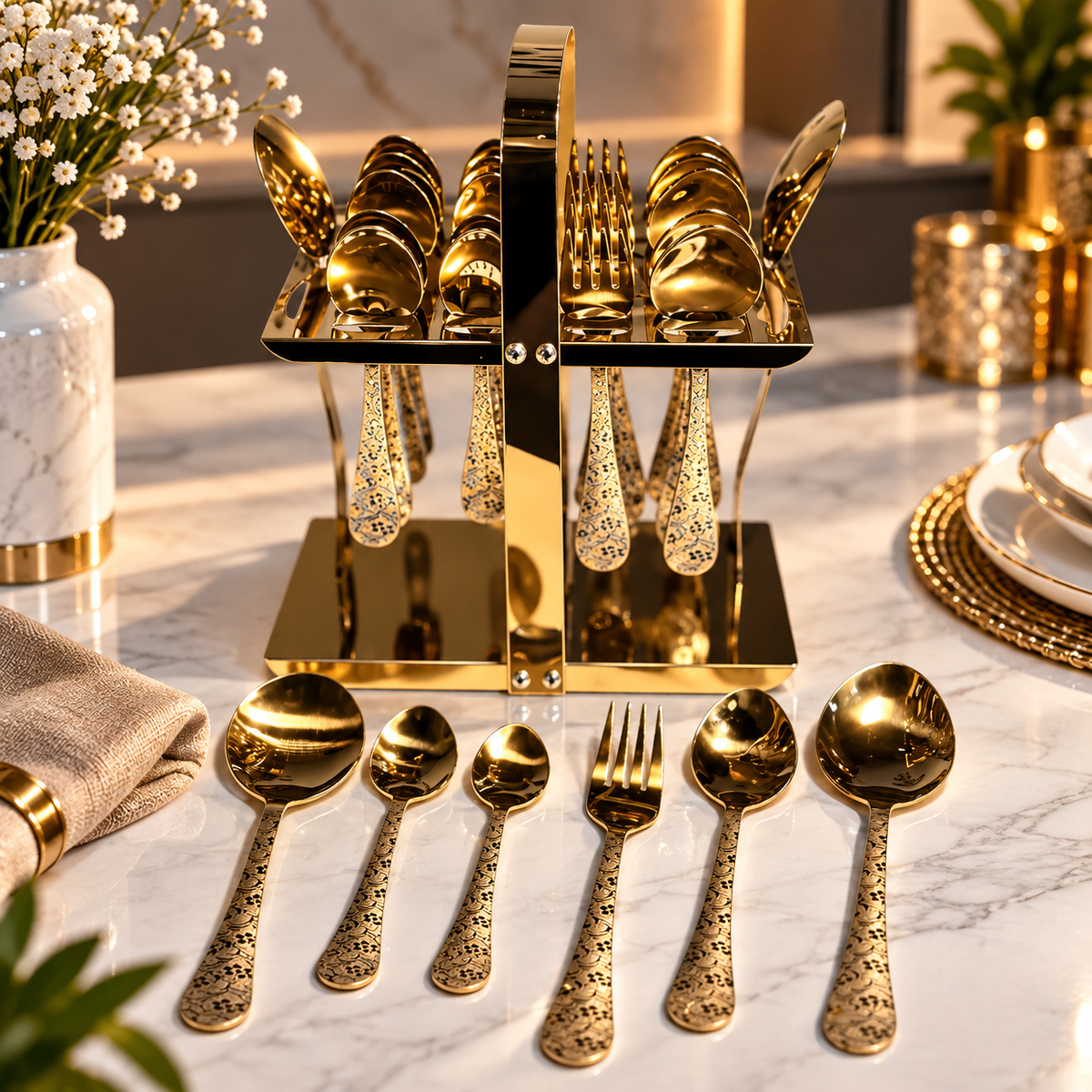 Luxury Gold Cutlery Set with Stand | 99 Store