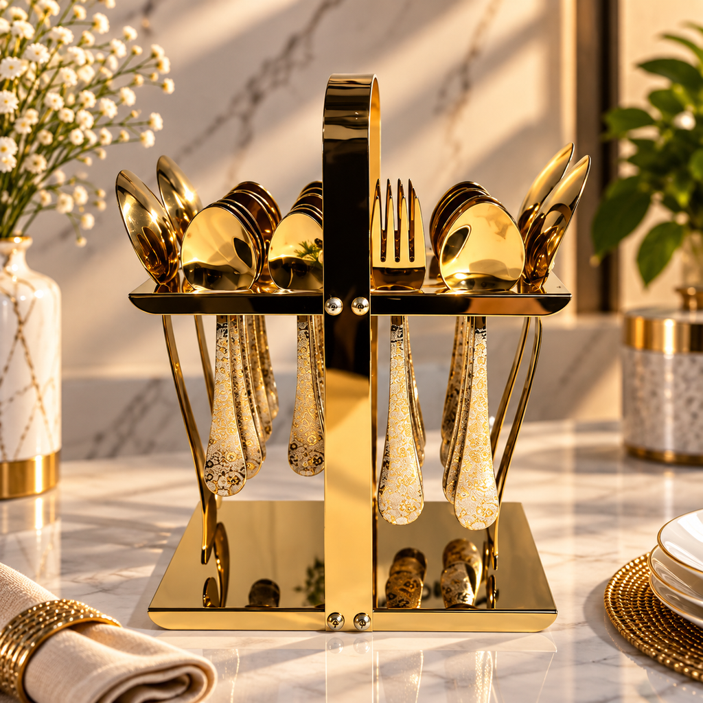 Luxury Gold Cutlery Set with Stand | 99 Store