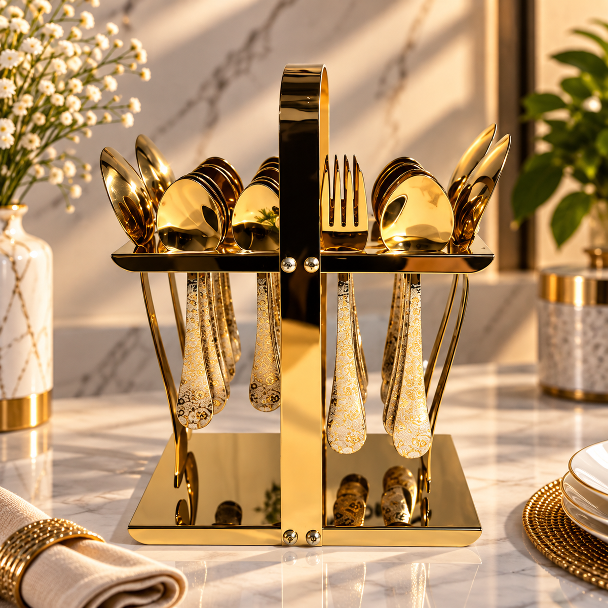 Luxury Gold Cutlery Set with Stand | 99 Store