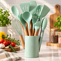 Silicone Kitchen Utensil Set with Wooden Handles