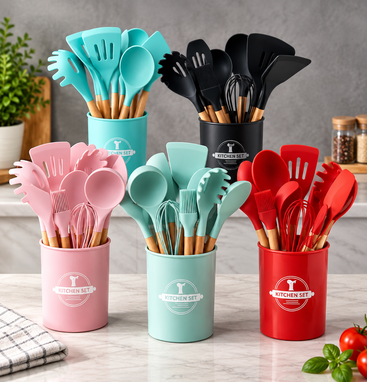 Silicone Kitchen Utensil Set with Wooden Handles
