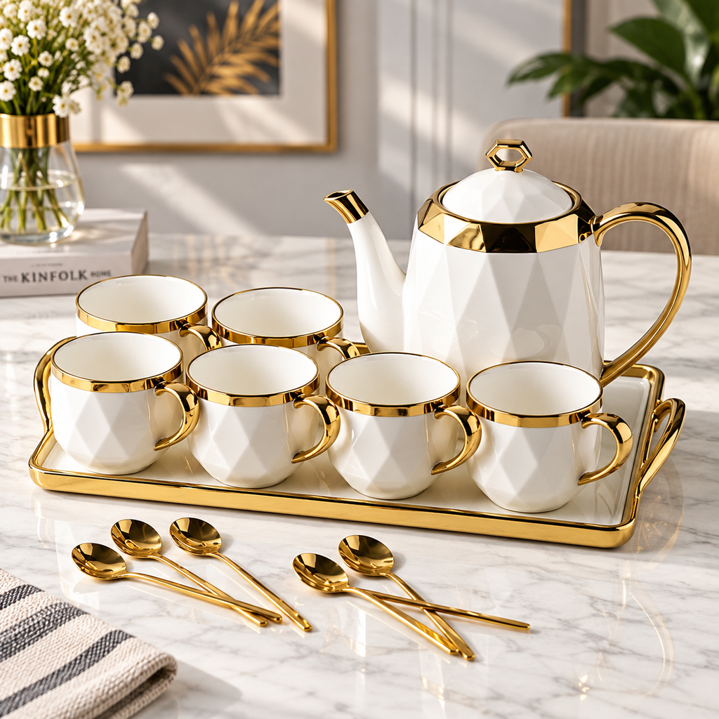 Luxury Ceramic Tea Set with Gold Finish – Tea Cup & Teapot Set