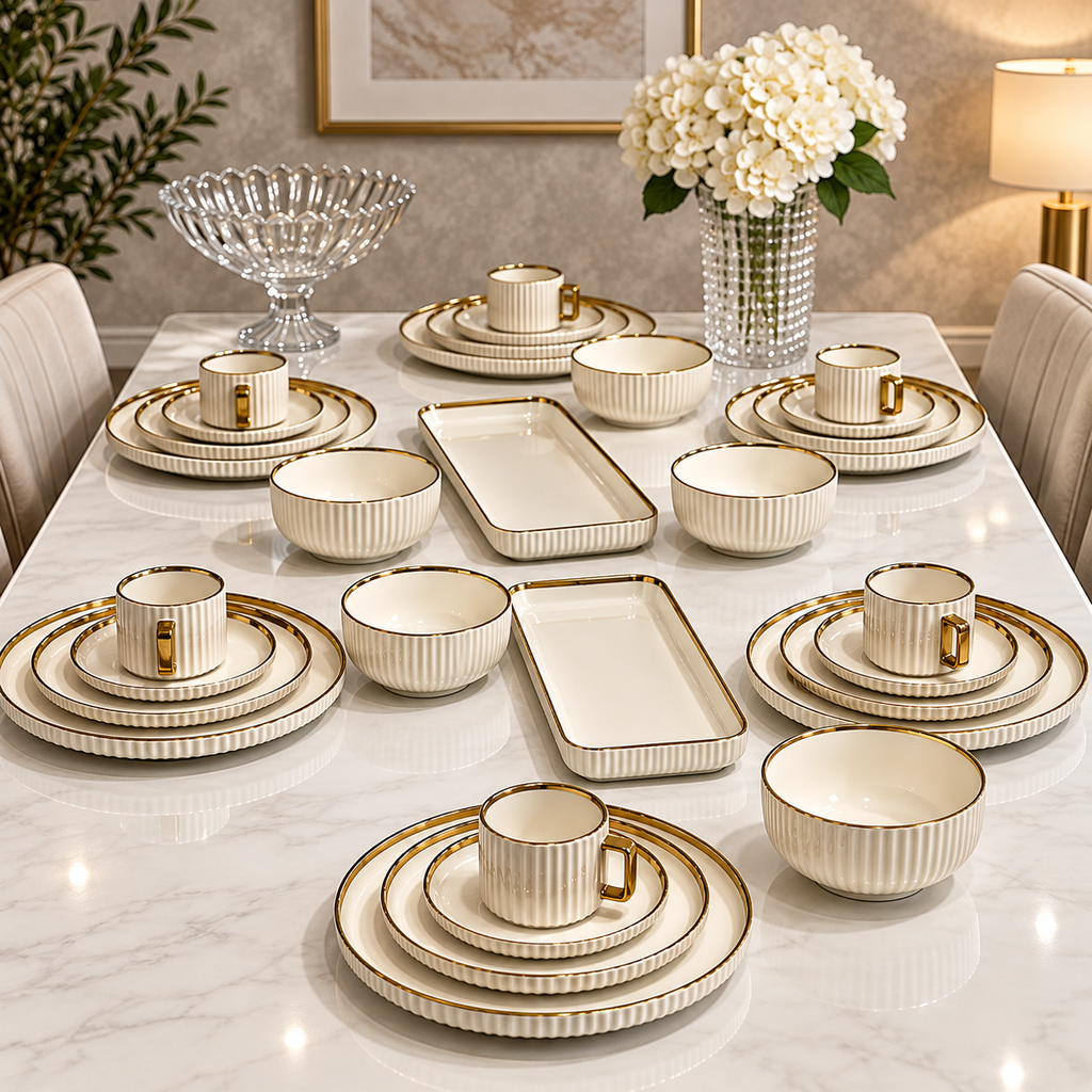 Luxury Ceramic Dinner Set with Gold Rim – Premium Tableware Set
